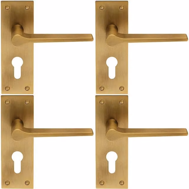 Loops 4 Pairs of Flat Straight Lever Slim Euro Lock Backplate Handles in Antique Brass, W: 150 mm, H: 50 mm – 1