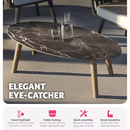 tectake Oval Coffee Table with Marble Stone Top and Height-Adjustable Wooden Legs in Grey, W/D/H: 100 x 50 x 34.5 cm – 4