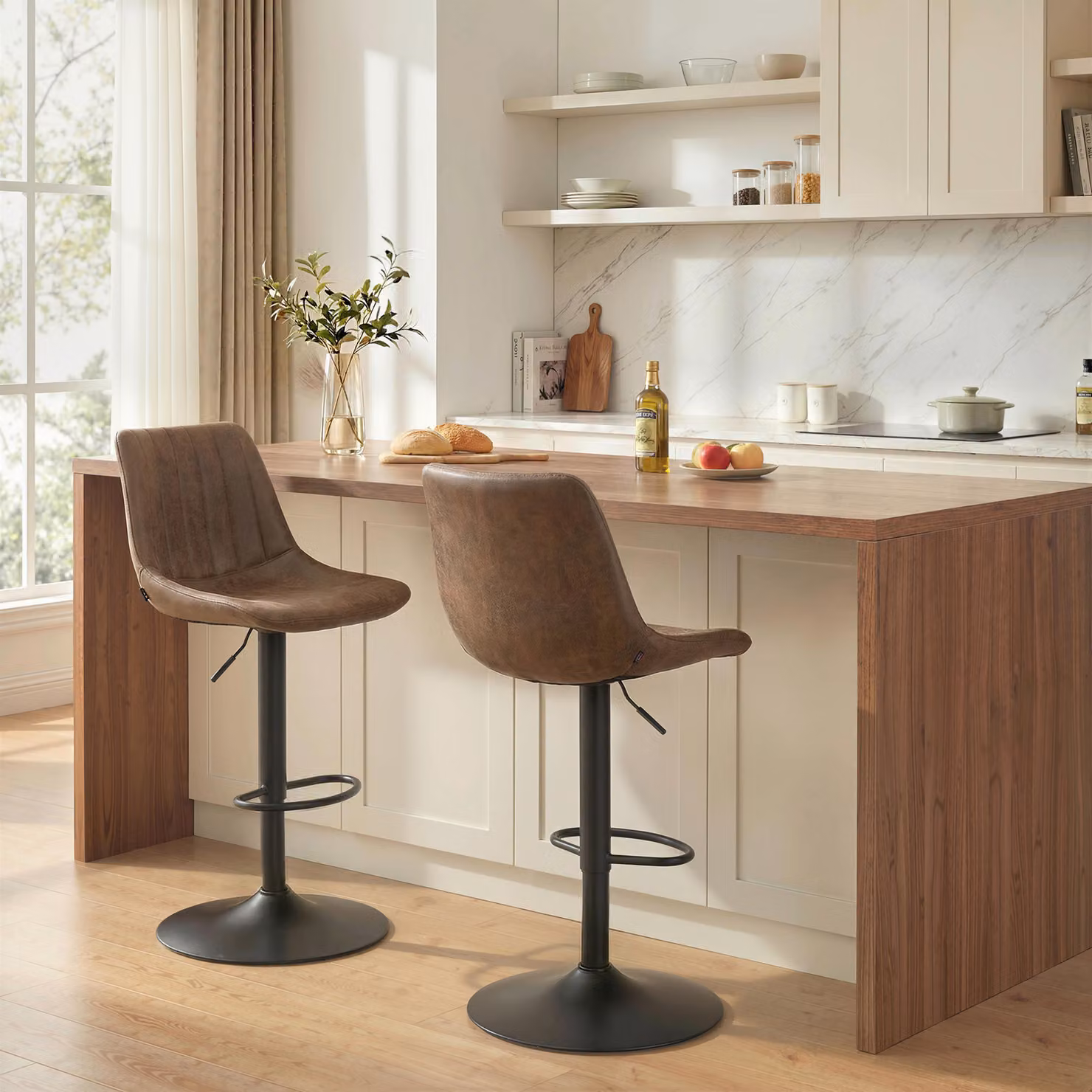 HOMCOM Set of 2 Brown Leather Upholstered Breakfast Bar Stools with Back and Swivel Seat – 2
