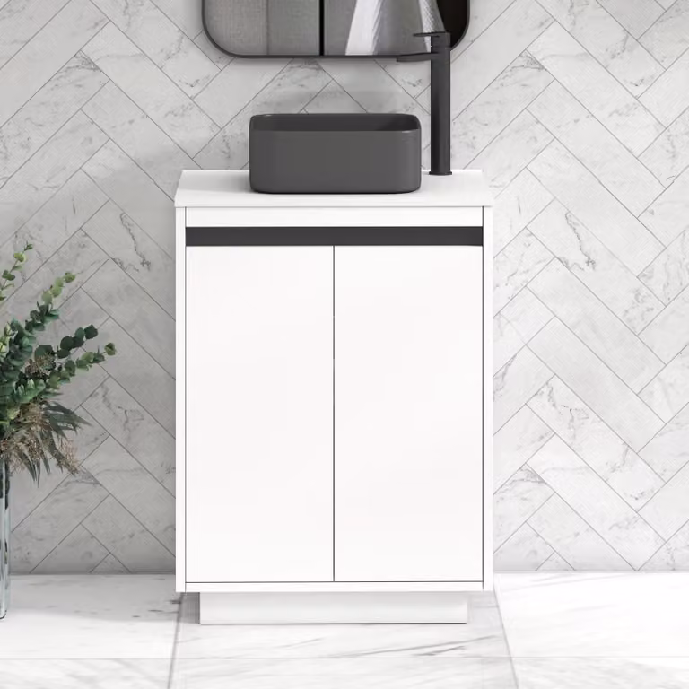 Royal Bathrooms Orion 600mm Matt White Floor Standing 2 Door Vanity Unit with Art Square Basin and Black Accent Trim