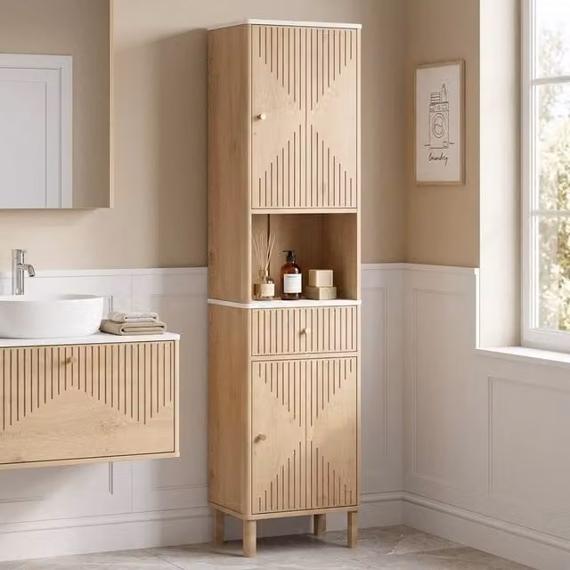 STILVORA Scandinavian Style Bathroom Cabinet in Light Oak with Internal Drawers and Shelves – 1