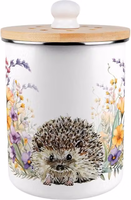 Purely Home Floral Hedgehog Metal Food Waste Caddy with Flip Lid, 2L, Brown