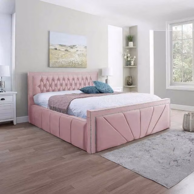 Desire Deco Chesterfield Upholstered Velvet Bed Frame, Pink, W/D/H: 140 x 200 cm