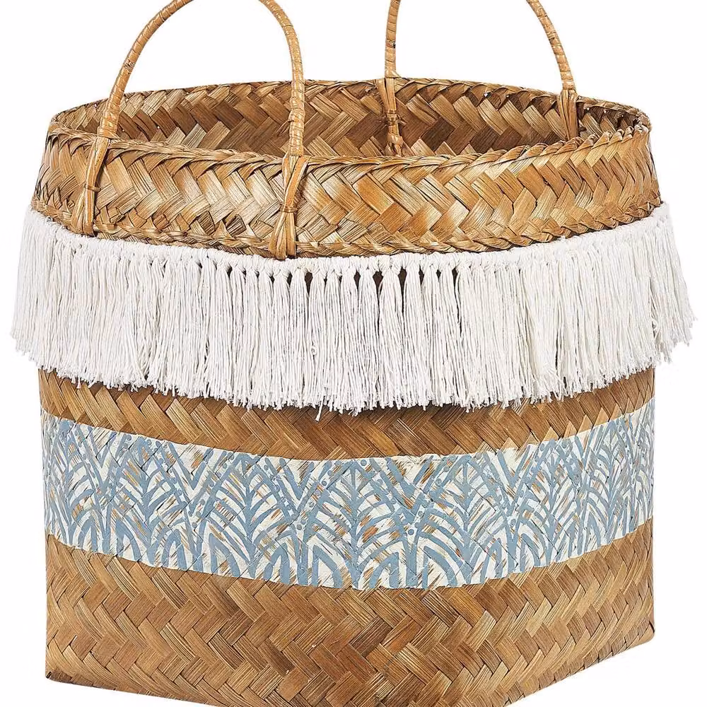 Wyld and Coco Boho Bamboo Basket with Handles, Blue and White Pattern, Diameter: 42 cm – 2