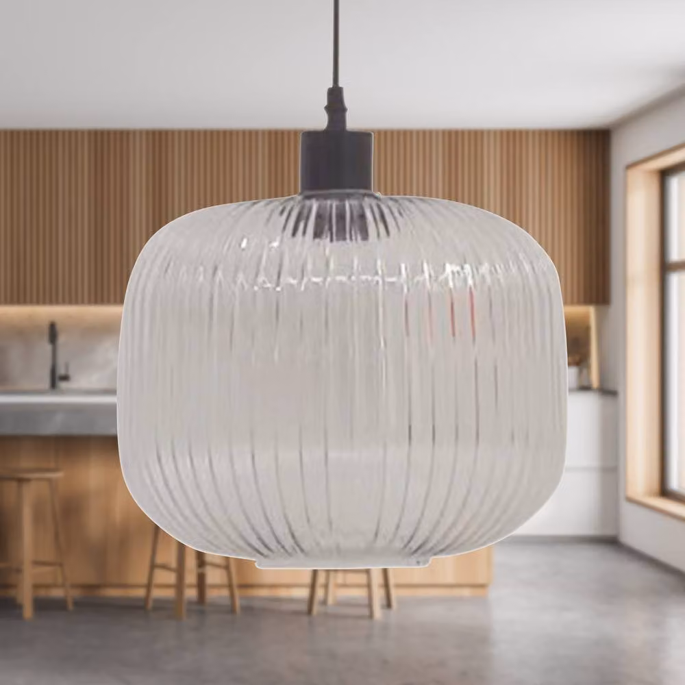 First Choice Lighting Clear Ribbed Glass Pendant Ceiling Light in Black and Transparent – 2