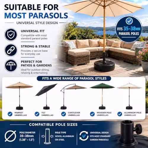 SHATCHI Black Plastic Fillable Parasol Base Stand for Garden Umbrellas – 6