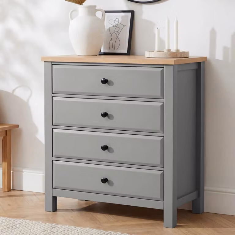 DHS Grey Painted 4 Drawer Chest of Drawers with Oak Top