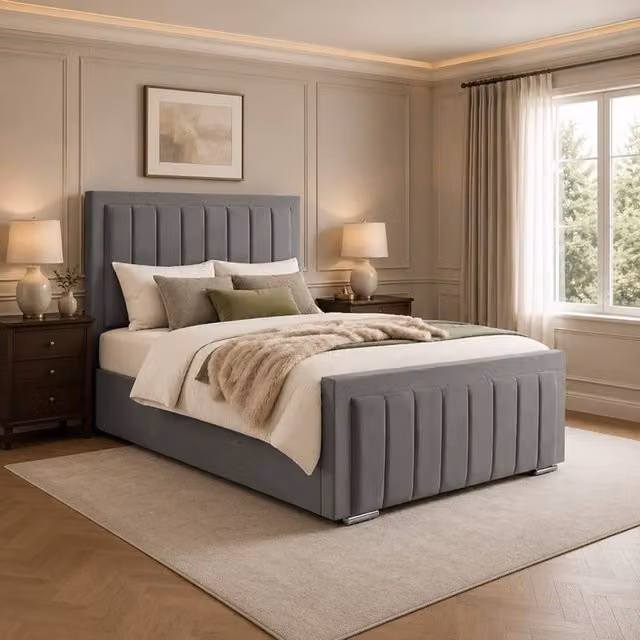 Desire Deco Lucia Upholstered Plush Velvet Panel Bed Frame in Grey, W/D/H: 180 x 200 cm