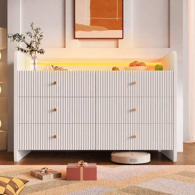 Merax White Fluted Sideboard Chest of Drawers with Integrated LED Lighting, W/D/H: 120 x 40 x 75 cm – 1