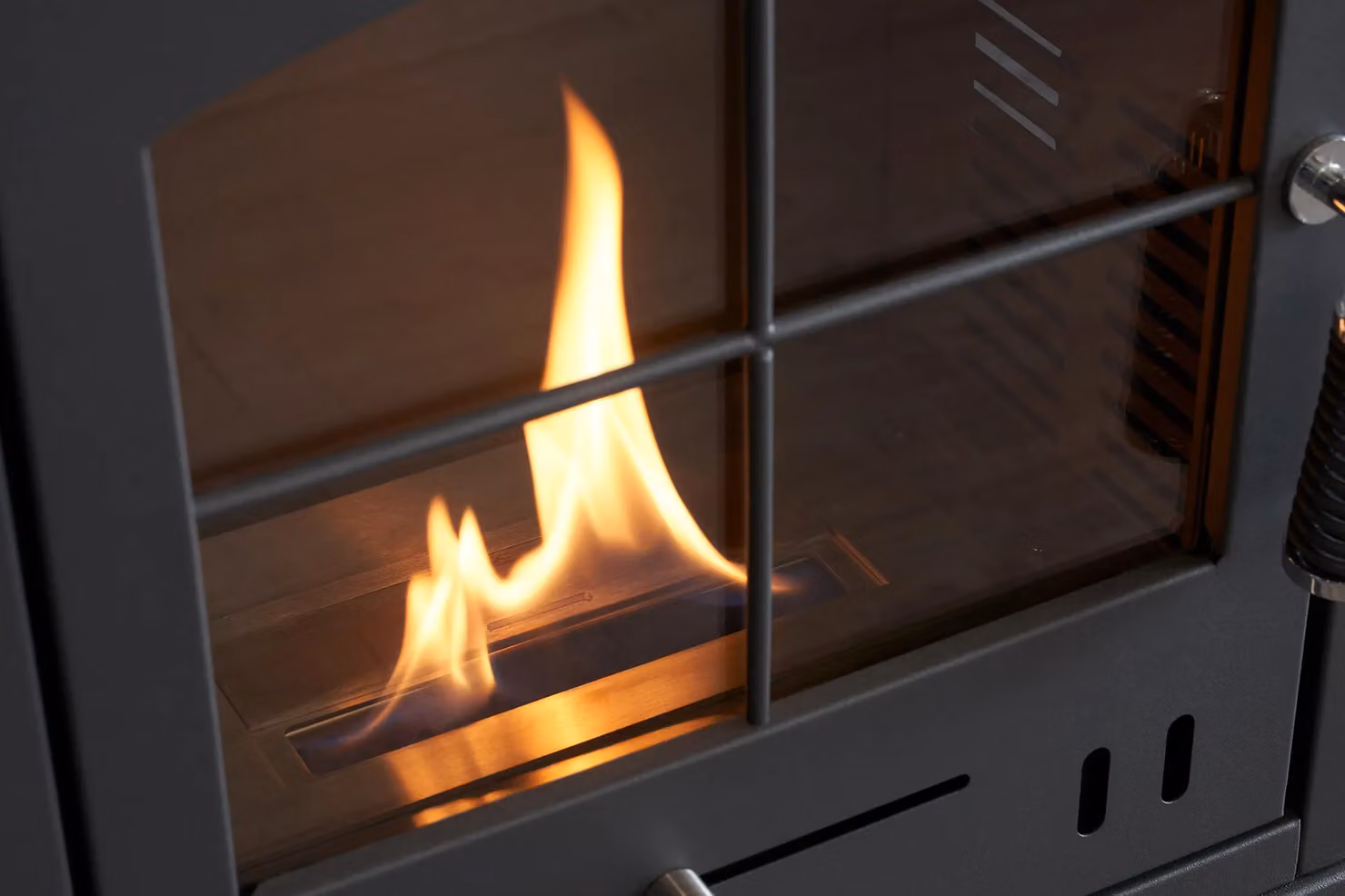 OKO Bio Ethanol S2 Stove with Log Storage in Charcoal Grey and Black Angled Stove Pipe – 3