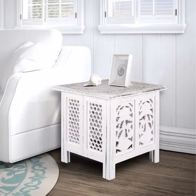 Topfurnishing Square Carved Mango Wood Coffee Table and Bedside End Table in White, W/D/H: 45 x 45 x 45 cm