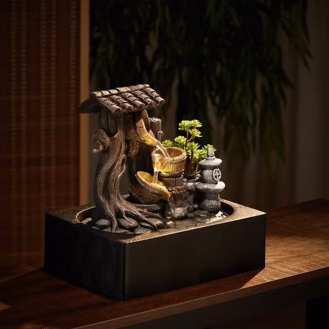 Livingandhome Buckets and Ancient Well Desktop Water Feature with LED Light, Grey