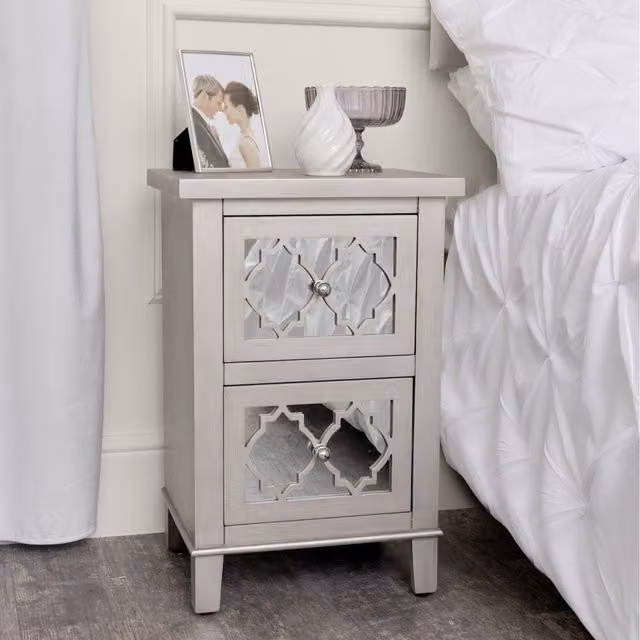 Melody Maison Sabrina Mirrored Lattice Bedside Table in Silver