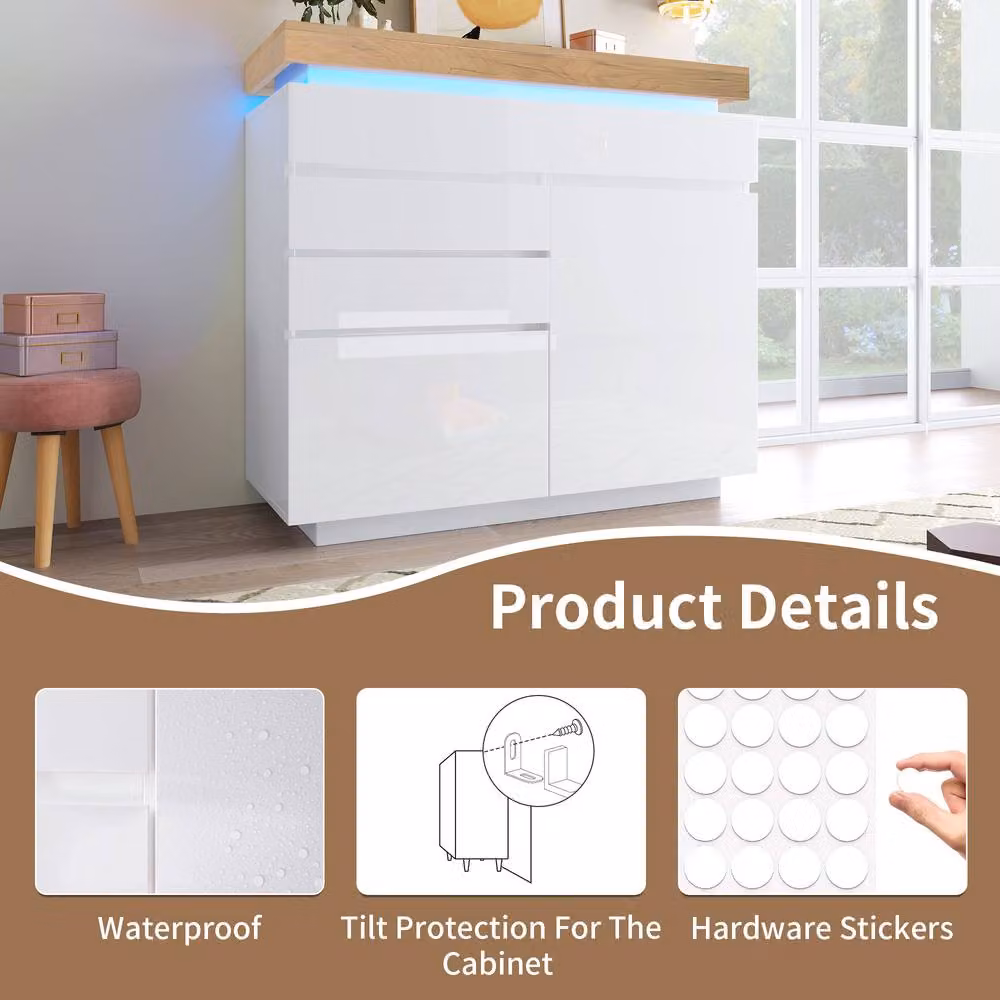 BTM High Gloss White Sideboard with 2 Doors, 3 Drawers and Integrated RGB LED Lighting, W/D/H: 115 x 39 x 110 cm – 5
