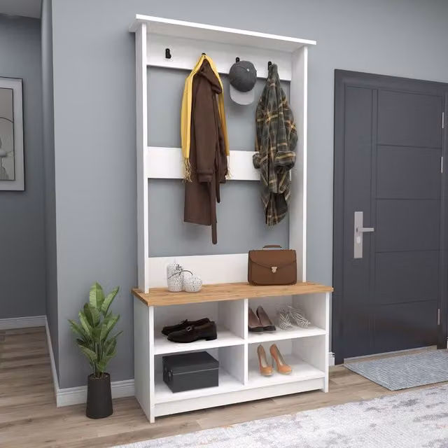 Destina Home Amelia Hallway Coat Rack with Bench and Shelves in Light Beige, H 173.6 x W 90.0 x D 35.0 cm – 2