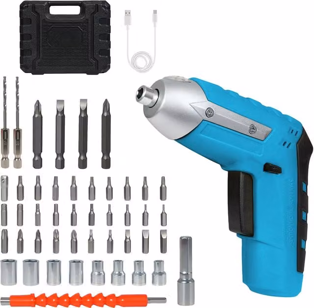 Traderight 47-Piece Cordless Screwdriver Set with 1300mAh Rechargeable Battery and 3.0Nm Torque in Blue