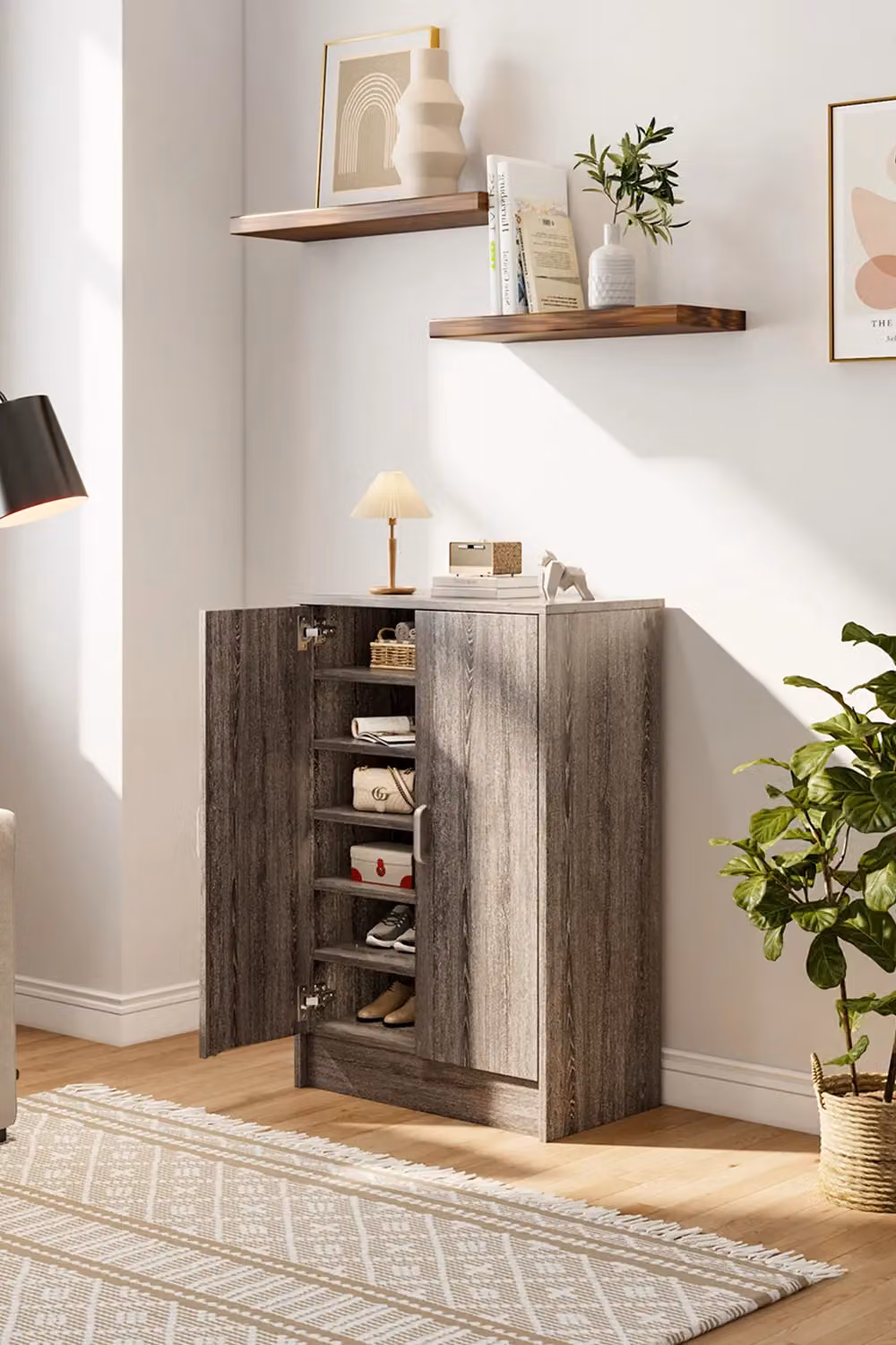 Living and Home 6-Tier Modern Grey Wood Grain Shoe Cabinet with Two Hinged Doors – 2