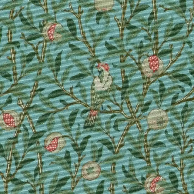 William Morris Birds & Pomegranate Outdoor Floral Polyester Fabric in Duckegg Blue and Green