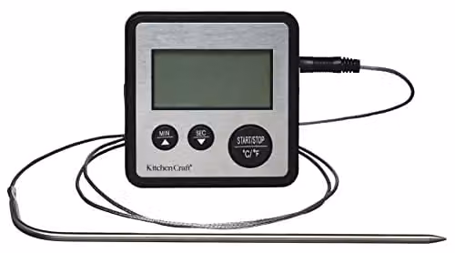 KitchenCraft Digital Food Thermometer and Kitchen Timer with Probe in Silver or Black, W/D/H: 8 x 8 x 2 cm