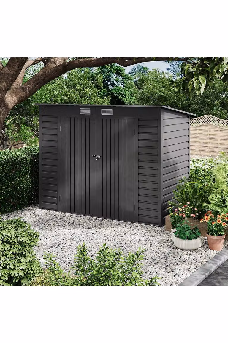 Living and Home Grey Galvanised Steel Pent Outdoor Storage Shed with Dual Doors, W/D/H: 239.5 x 120.5 x 182.6 cm