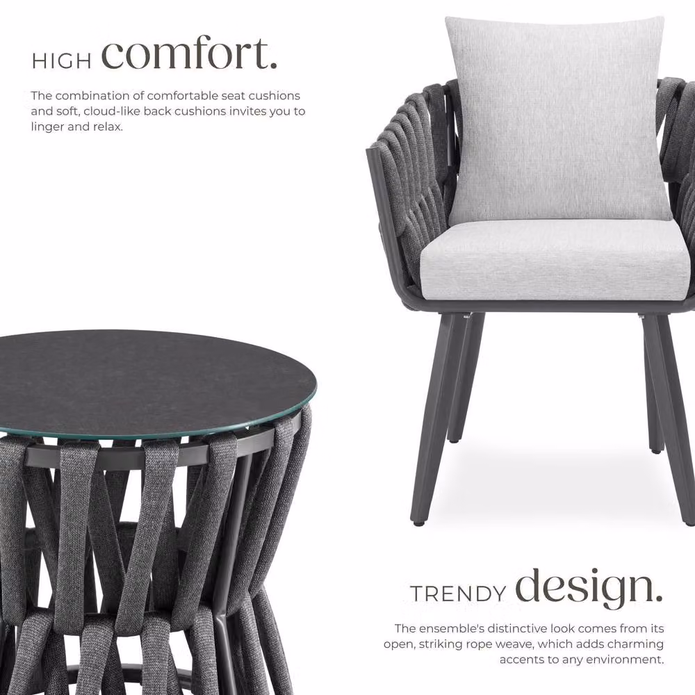 tectake Lugano Rope Design Garden Set in Dark Grey with Aluminium Frame and 1 Seater Configuration – 3