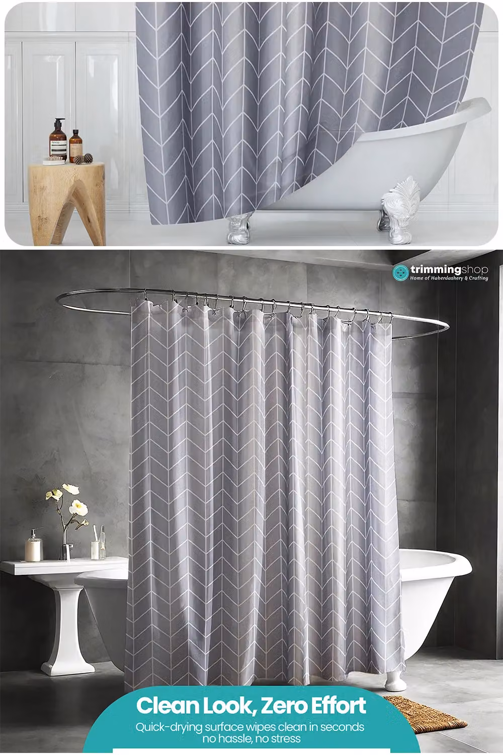 Neel Blue Grey Chevron Polyester Water-Resistant Shower Curtain with 12 Hooks, W: 180 cm, H: 180 cm – 3