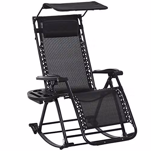 Outsunny Black Folding Recliner Garden Rocking Chair with Sun Canopy, Adjustable Headrest and Side Tray – 1