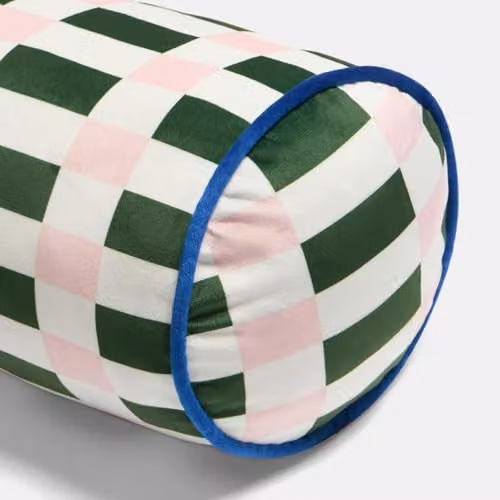 OHS Checked Matte Velvet Bolster Pillow in Green and Pink, 46 x 20 cm – 6