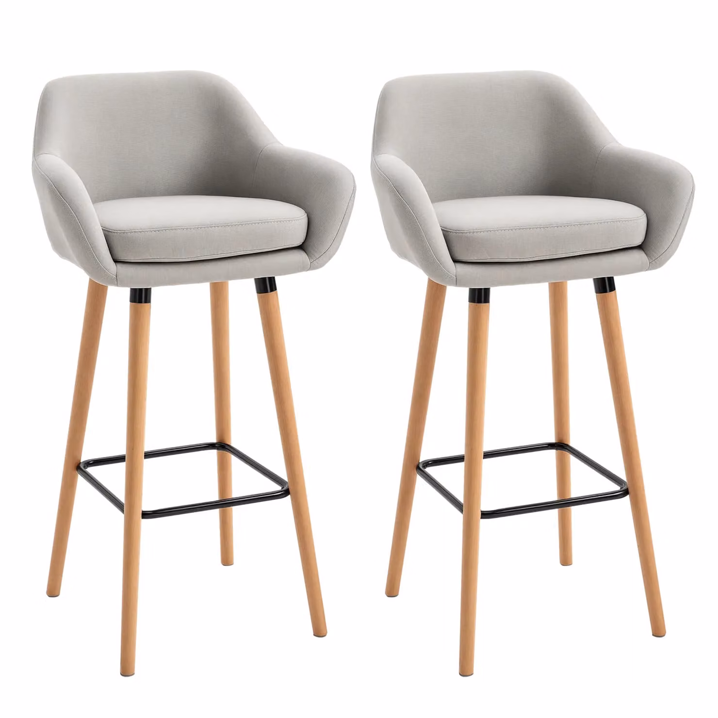HOMCOM Set of 2 Modern Upholstered Fabric Bucket Seat Bar Stools with Armrests and Wood Legs in Beige – 3
