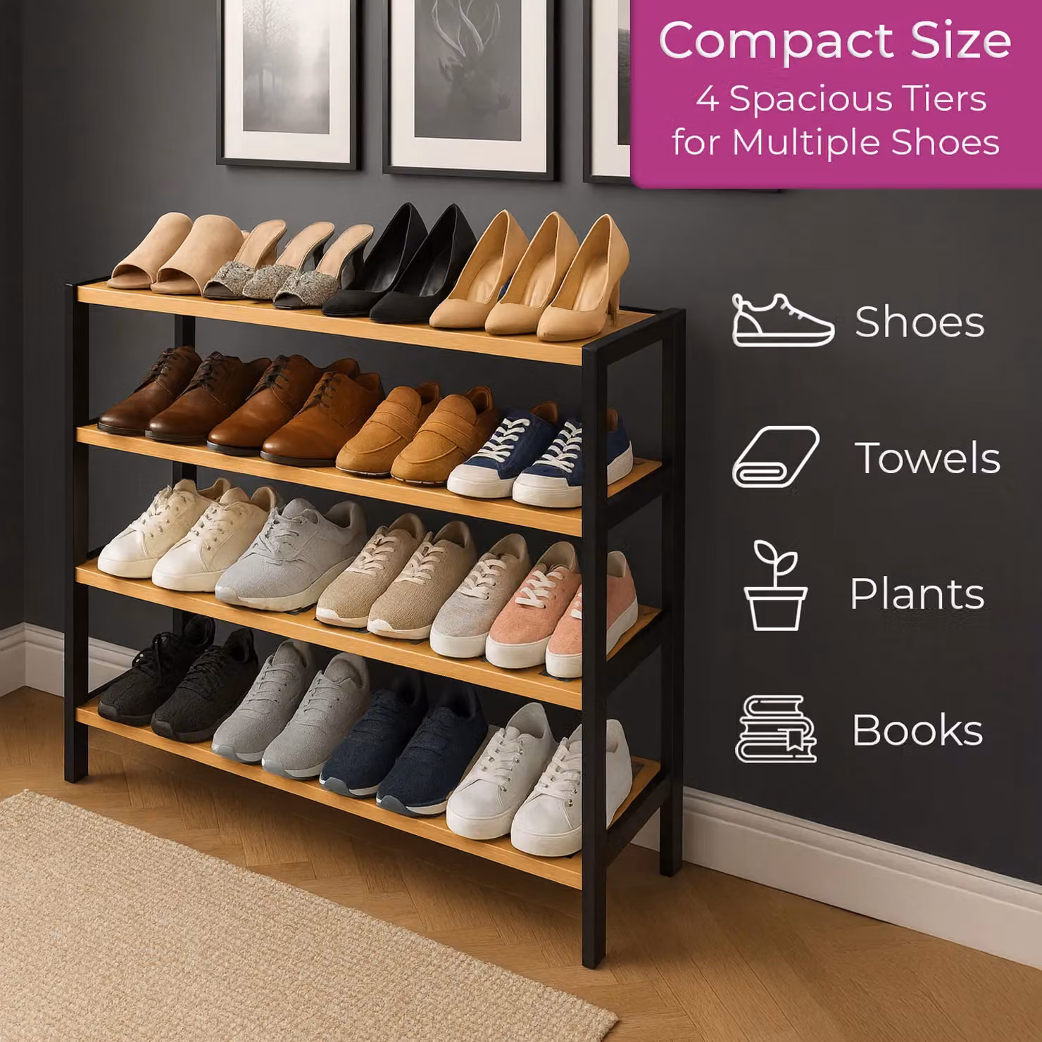 Neo 4 Tier Bamboo Wooden Shoe Storage Rack in Brown and Multicolour, W/D/H: 67 x 25 x 70 cm – 2