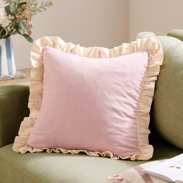 Wylder Effie Plain Cotton Ruffle Square Cushion in Pink and Beige, W/D/H: 45 x 45 x 45 cm