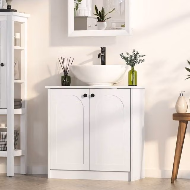 KEEPREAPER Mid-Century White Freestanding Bathroom Cabinet with Soft Close Hinged Doors and Internal Shelves
