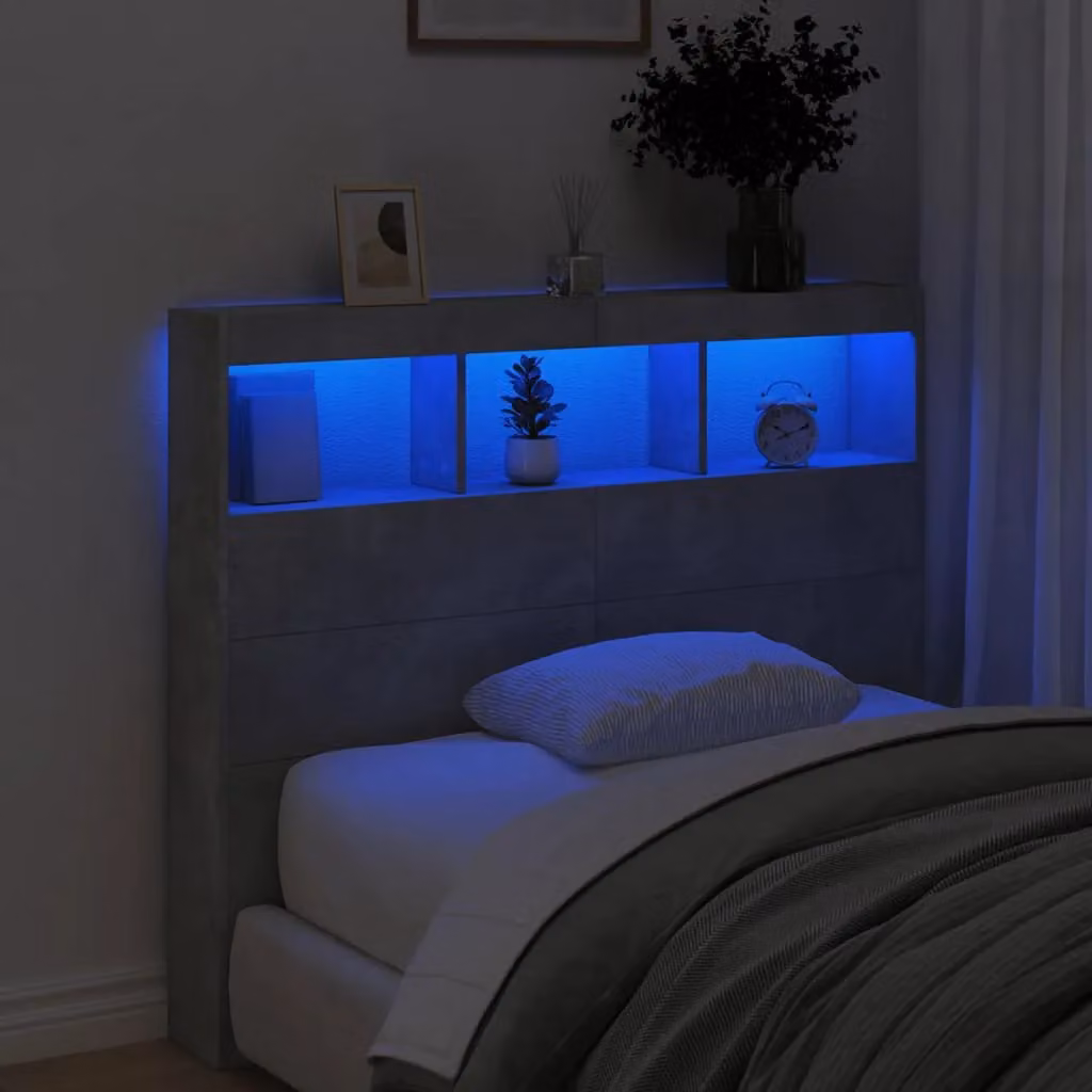 Berkfield Home Modern Wall Mount Headboard Cabinet with LED Lighting and USB Charging Port in Matt Concrete Grey, W/D/H: 120 x 17 x 102 cm – 3