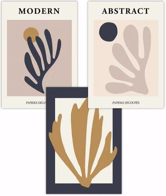 ARTZE Set of 3 Matisse Style Floral Abstract Paper Posters in Blue, Yellow and Pink, W: 30 cm, H: 42 cm