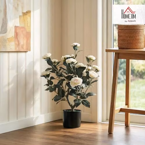HOMCOM White and Green Artificial Camellia Flower Plant with Potted Base, Height: 65 cm – 2