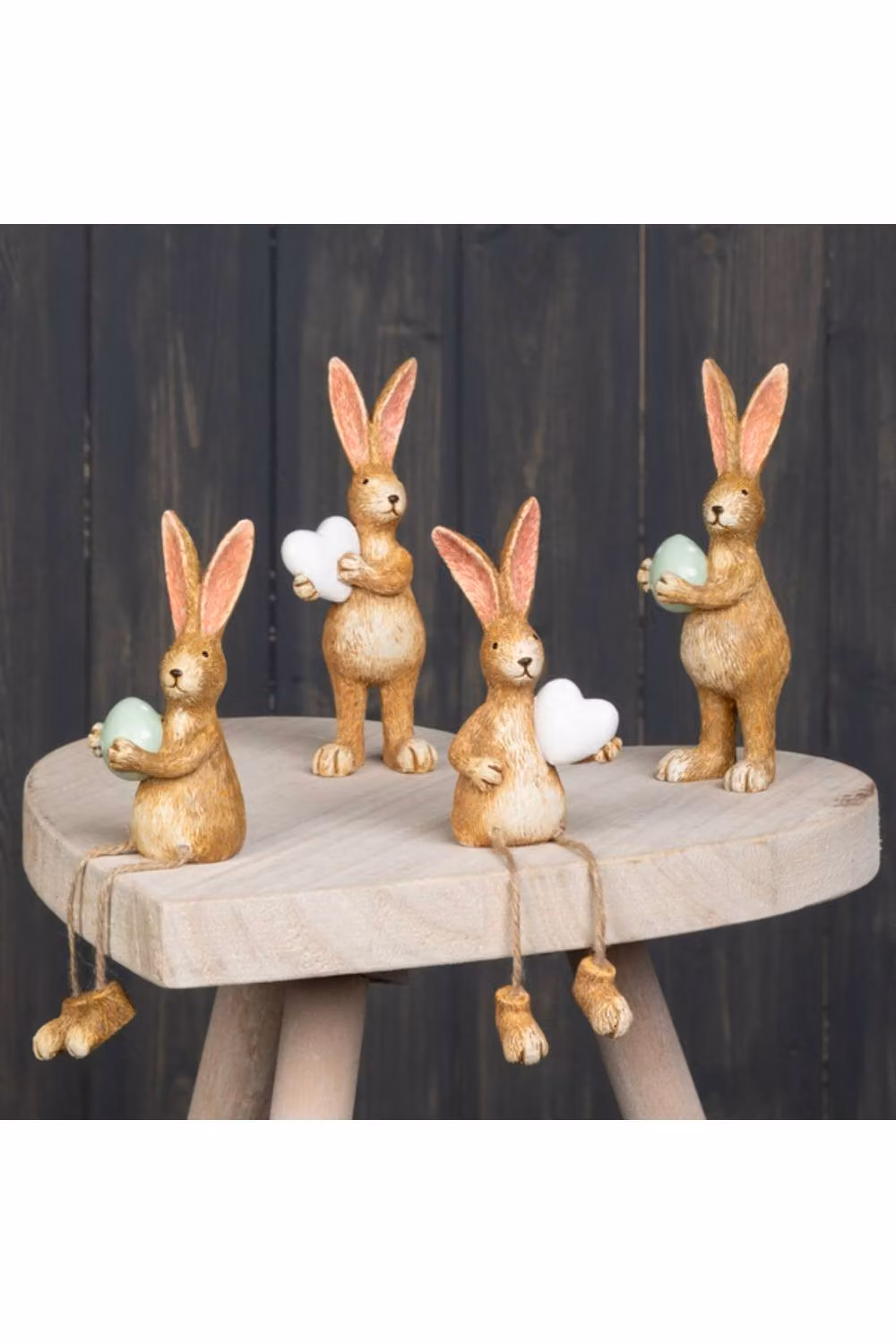 KDMD Ceramic Sitting Rabbit Ornament holding a White Heart with Dangly Legs in Brown – 2