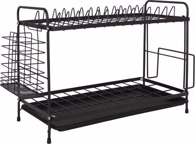 NESTLUNE Metal 2-Tier Dish Drainer Rack with Drip Tray and Cutlery Holder, Black, W: 30 cm, D: 15 cm, H: 15 cm