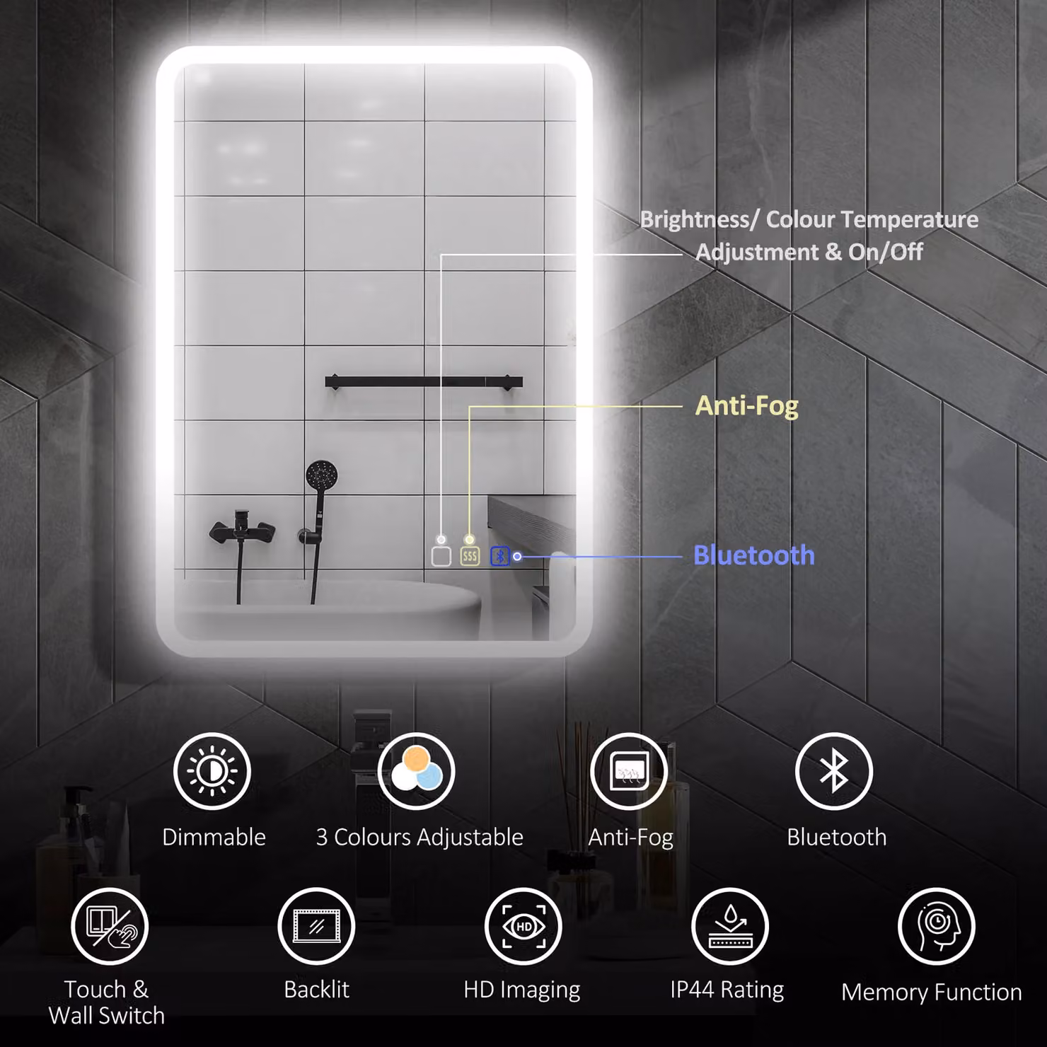 HOMCOM Bluetooth LED Bathroom Mirror in Silver, Wall Mounted, W: 70 cm, H: 50 cm – 4