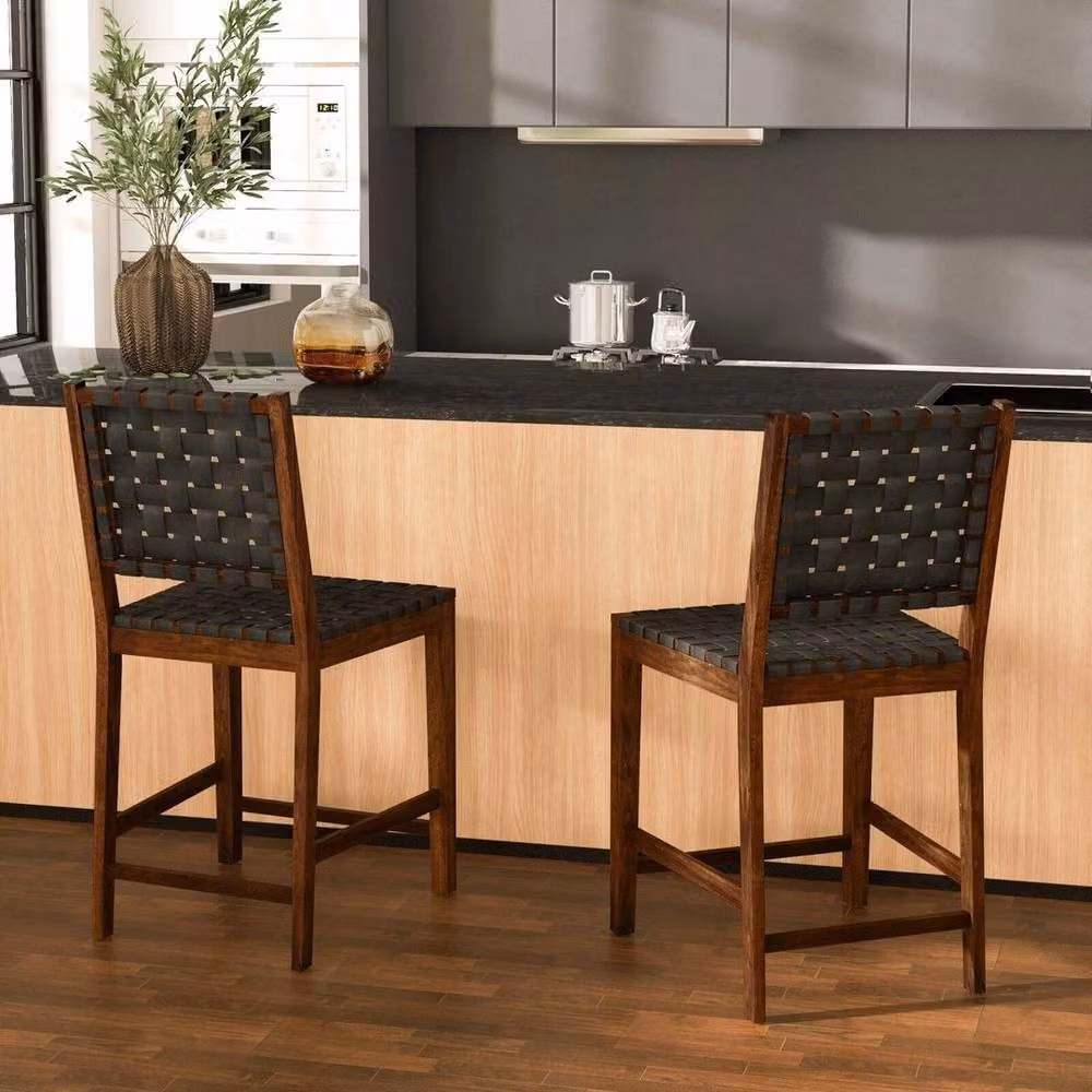 Kelvenix Set of 2 Brown Woven Counter Height Bar Stools with Synthetic Leather and Acacia Wood Legs – 3