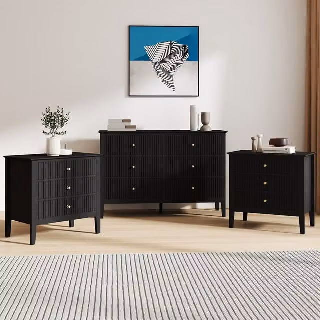 Melody Maison Hales Black Range Large 6 Drawer Chest of Drawers and Pair of Large Bedside Tables in Black and Gold – 1