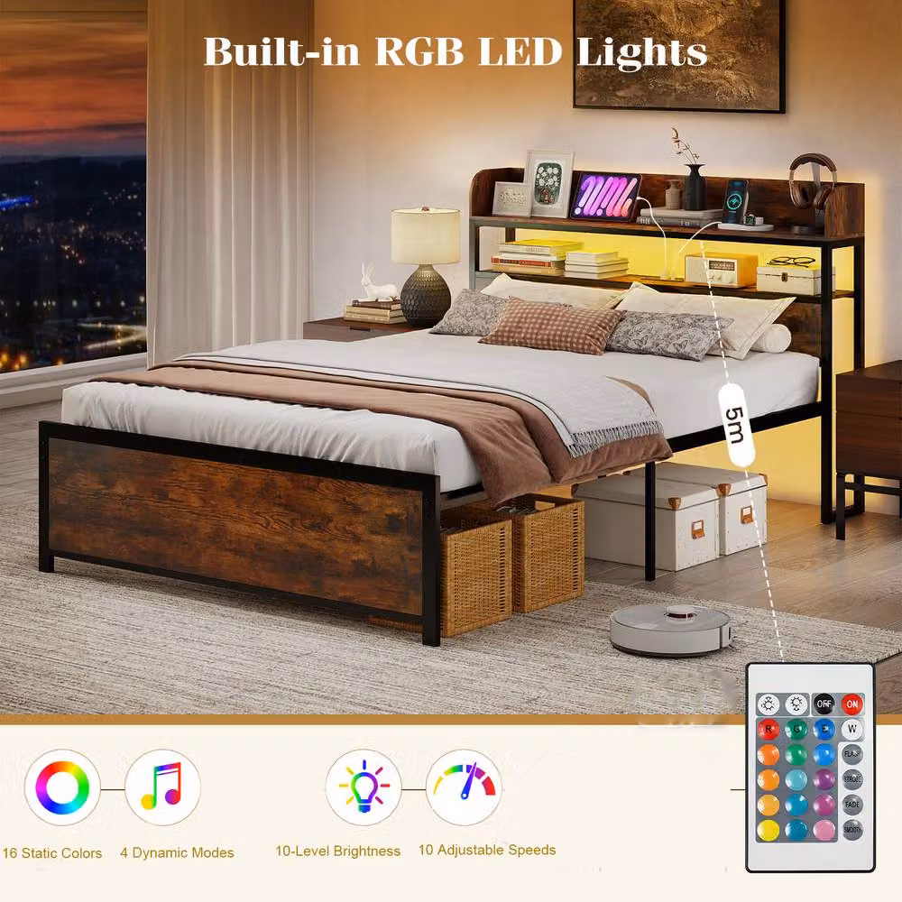 Costway Double Bed Frame in Brown with LED Lights, USB Charging Ports and Headboard, W/D/H: 140 x 200 cm – 5