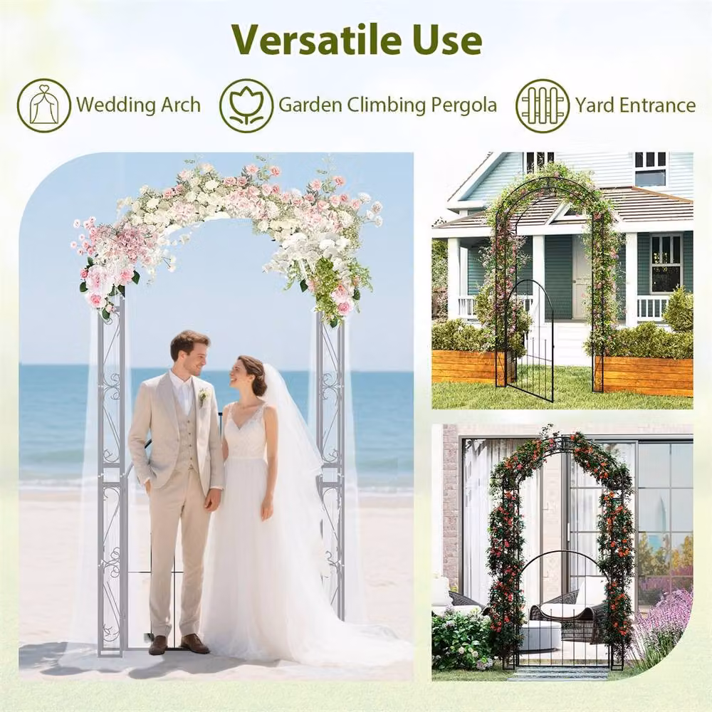 NESTLUNE Black Metal Garden Arch with Gate and Climbing Trellises, H: 214 cm, W: 100 cm, D: 15 cm – 5