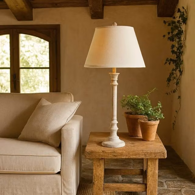 Wyld Haus Collonges Slim Pillar Wooden Table Lamp in White with Beige Fabric Shade – 1