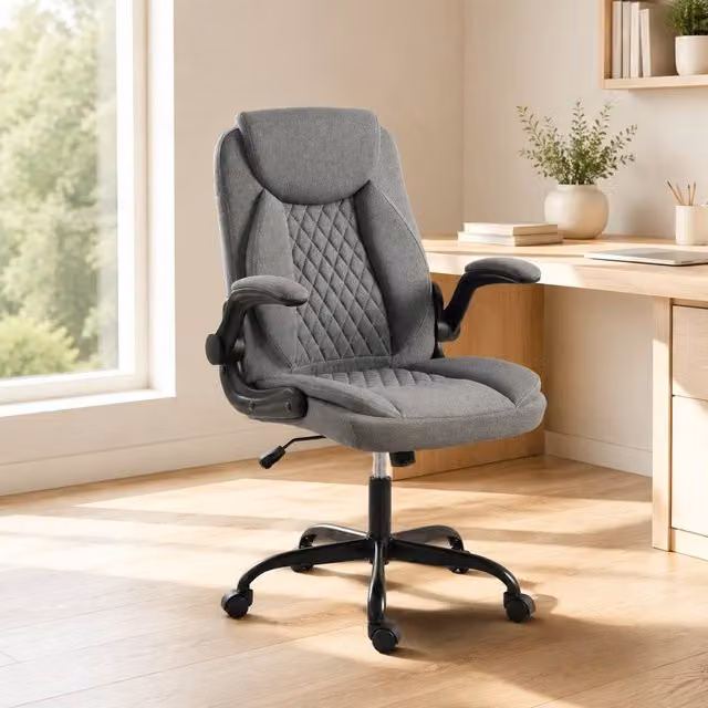 STILVORA Grey Fabric Office Chair with Flip-Up Armrests and Swivel Motion