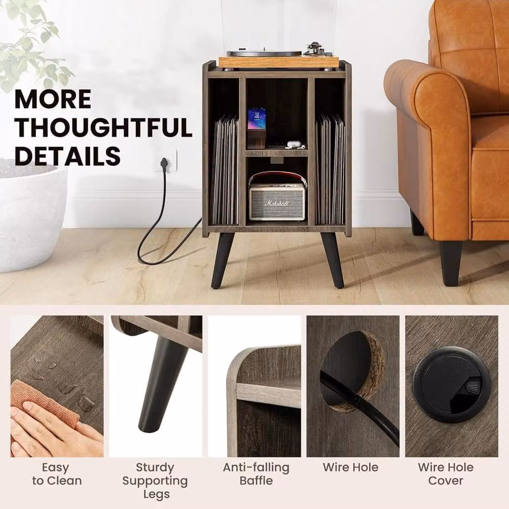 EONLION Modern Brown Wood Record Player Stand and Vinyl Storage Unit with Media Compartments, Width: 100 cm – 3