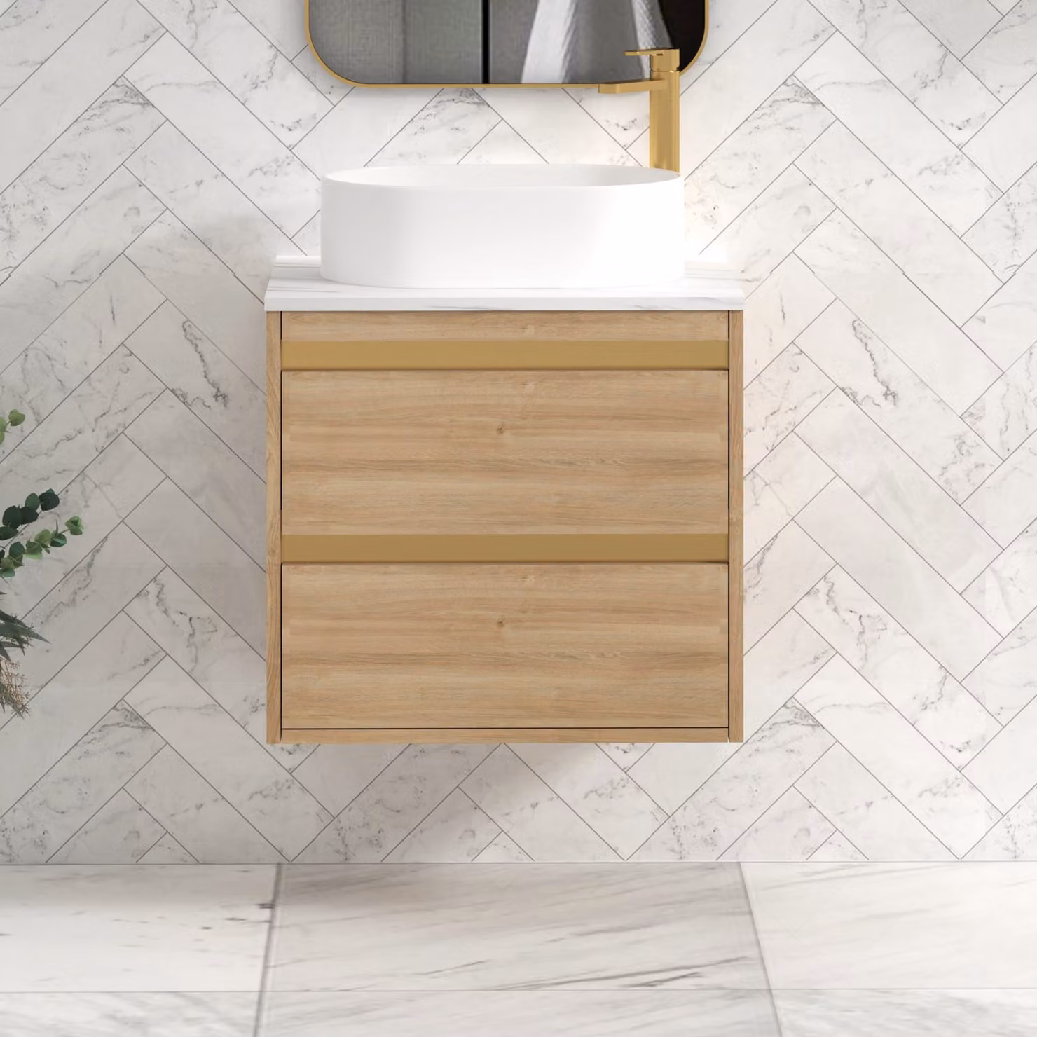 Royal Bathrooms Orion 600mm Natural Oak Wall Hung Countertop Vanity Unit with 2 Drawers, Peak Basin and Brushed Brass Accent Trim