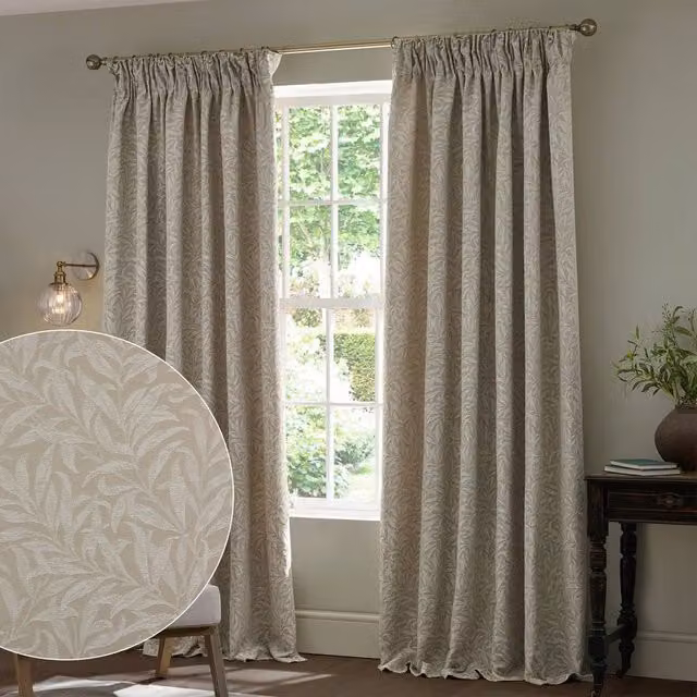 Morris & Co Willow Bough Jacquard Fully Lined Pencil Pleat Curtains in Beige, Width: 117 cm, Drop: 183 cm