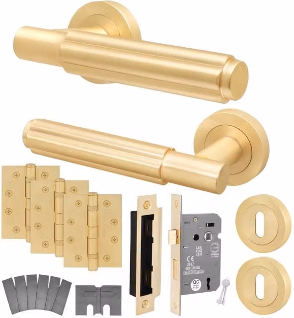 AFIT Satin Brass Fire Door Handle and Key Lock Set with Gold Hinges – 1