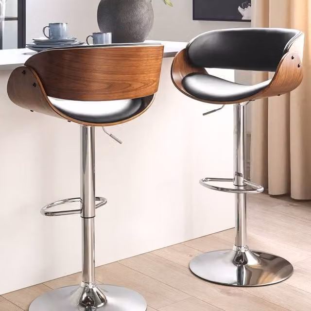 Wyld and Coco Set of 2 Modern Gas-Lift Bar Stools with Black Faux Leather Seats and Dark Wood Finish – 1