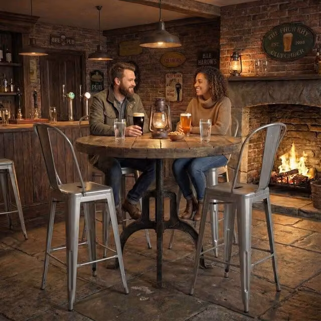 FWStyle Set of 4 Silver Gloss Metal Bistro Bar Chairs, W/D/H: 102 x 48 x 44 cm